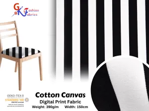 100% Cotton Half Panama Printed Fabric / Canvas printed Fabric /  Black White Thick stripes  Digital Print  Fabric