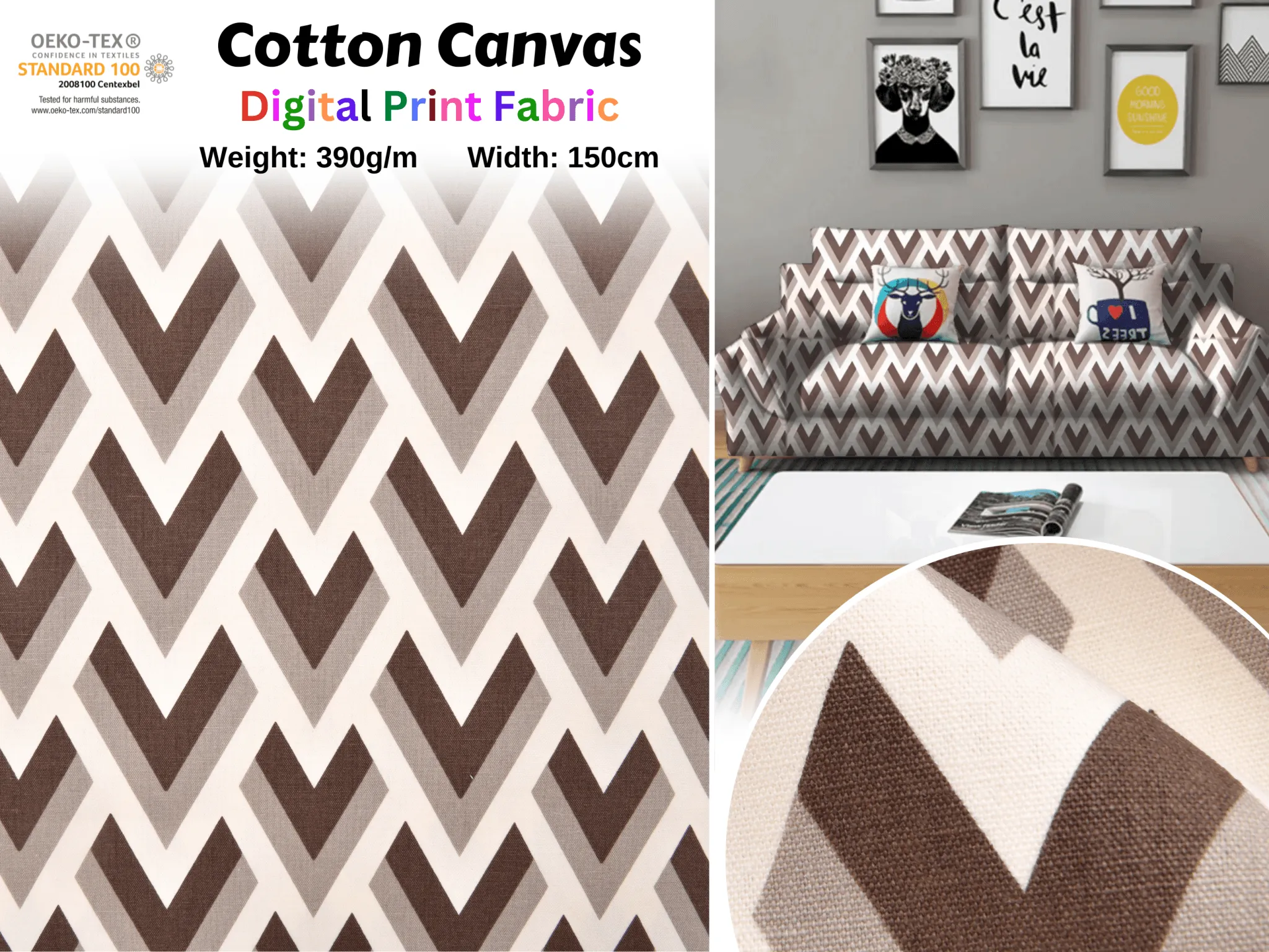 100% Cotton Half Panama Printed Fabric / Canvas printed Fabric /  Grey Zig Zag Digital Print  Fabric