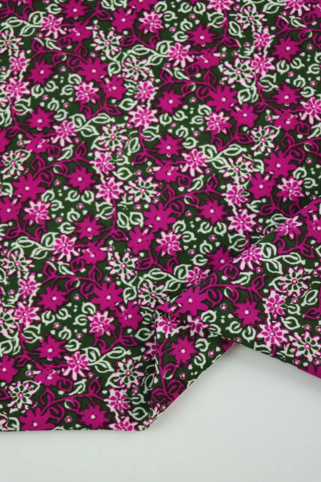 1YD 30IN REMNANT; Magenta Ditsy Floral on Hunter Nylon Spandex Tricot | Designer Deadstock