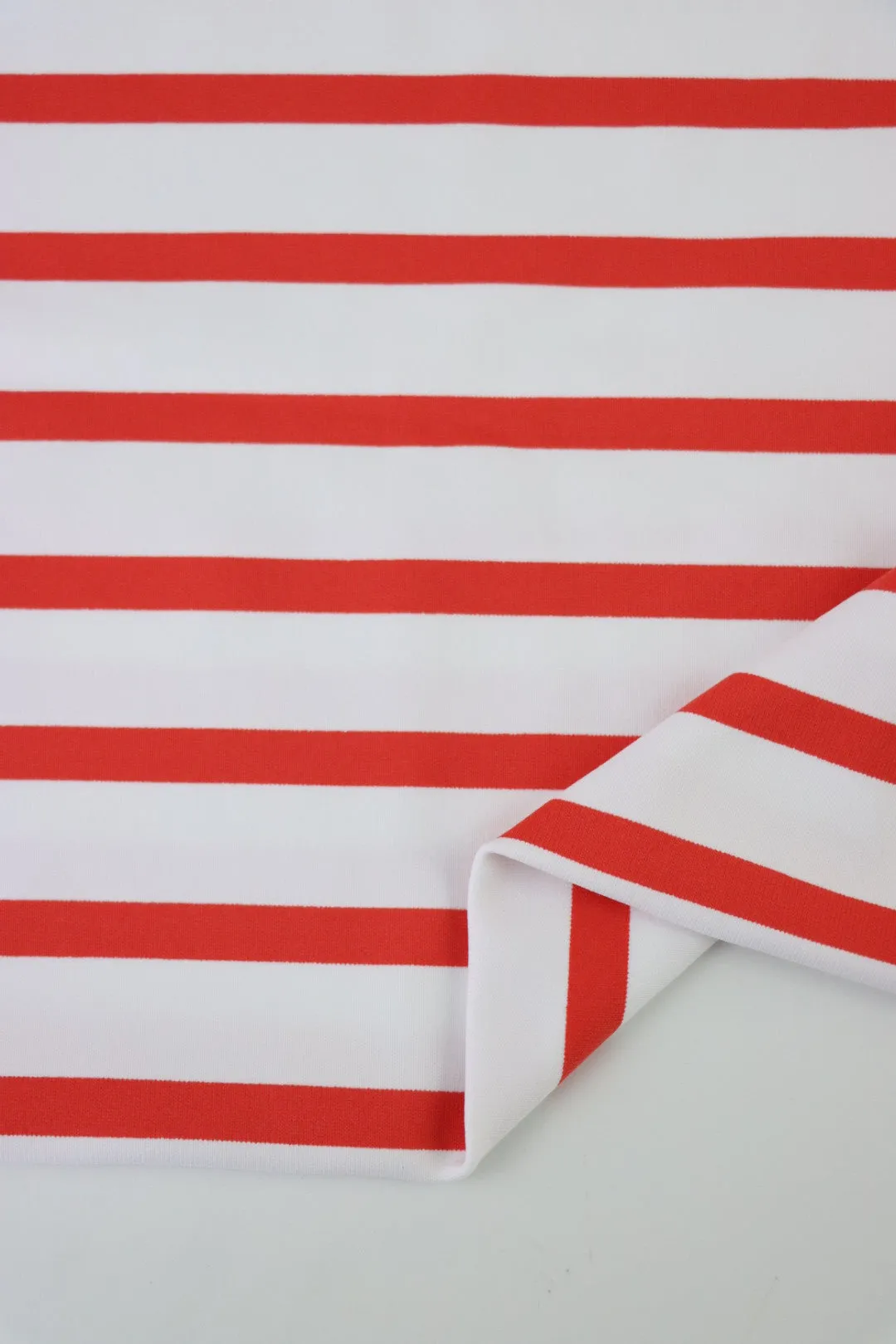 1YD PRECUT; Tomato & White Stripe Matte Nylon Spandex Tricot | Designer Deadstock