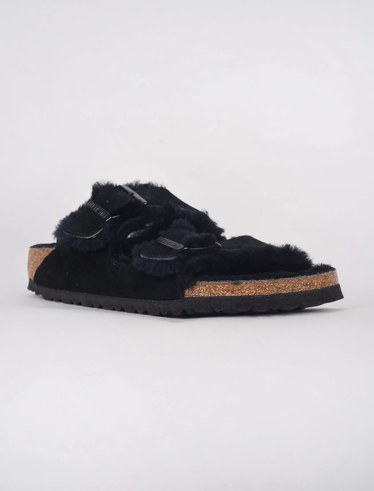 Arizona Shearling Suede Sandal, Black