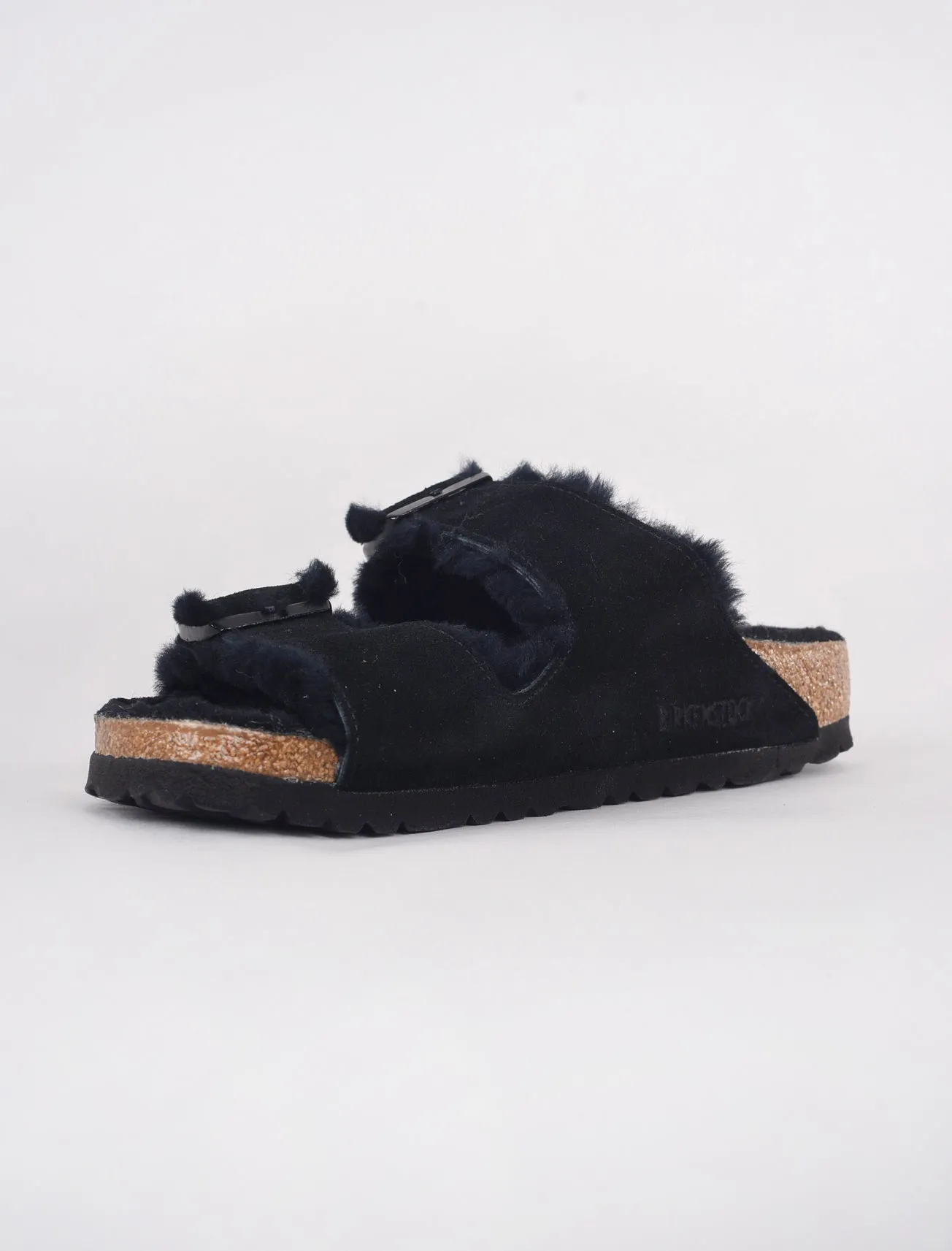 Arizona Shearling Suede Sandal, Black