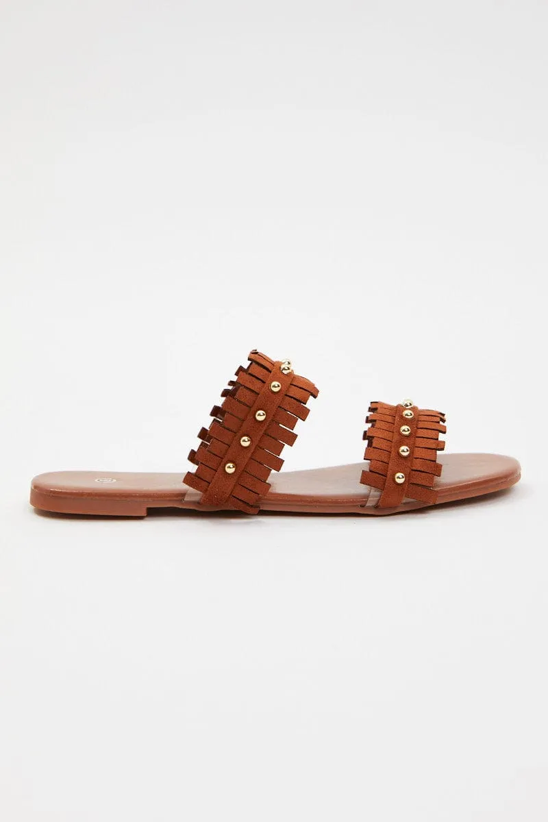 Beige Fringe Detail Flat Slides