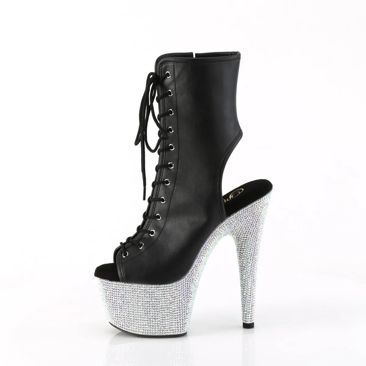 BEJEWELED-1016-7 Black & Silver Calf High Peep Toe Boots