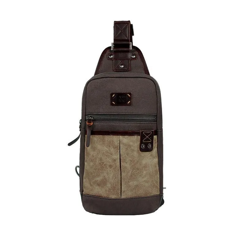 Black Canvas Leather Sling Backpack Men's Sling Bag Chest Bag Dark Coffee Canvas One shoulder Backpack For Men