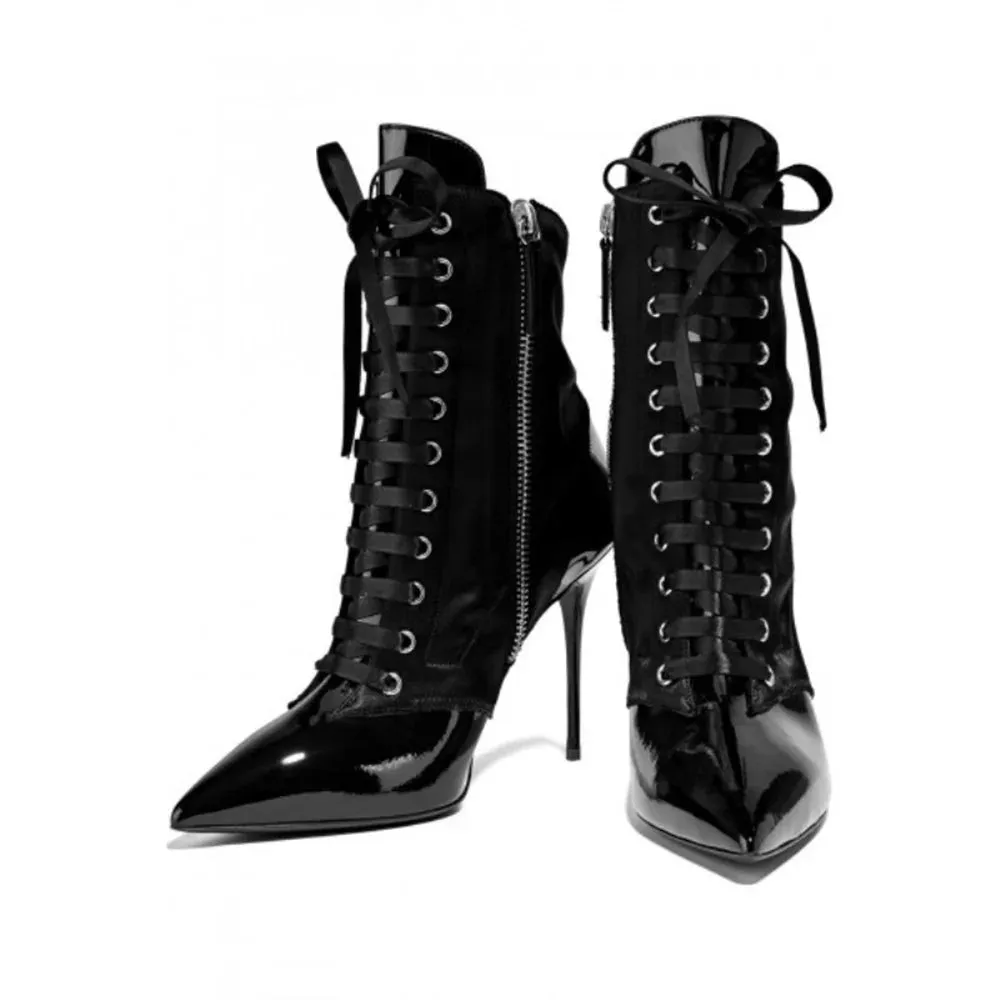 Black Patent Leather Lace Up Ankle Boots