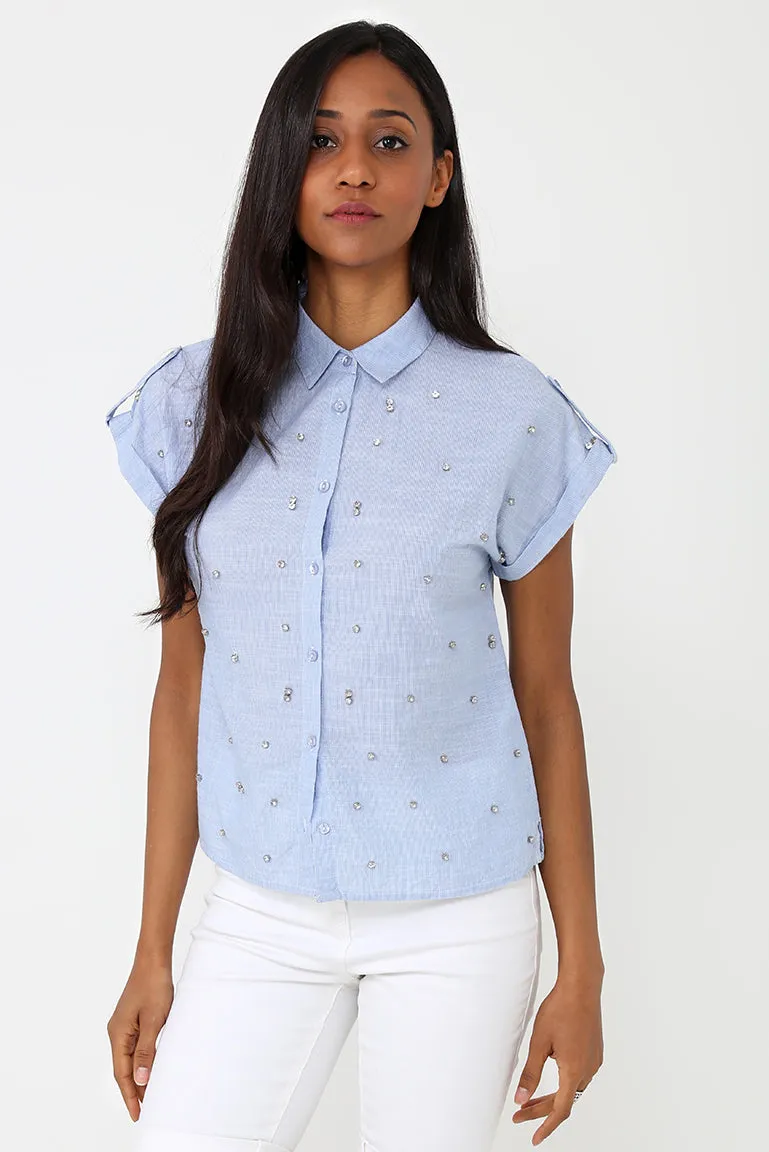 Blue Jewel Embellished Top Ex Brand