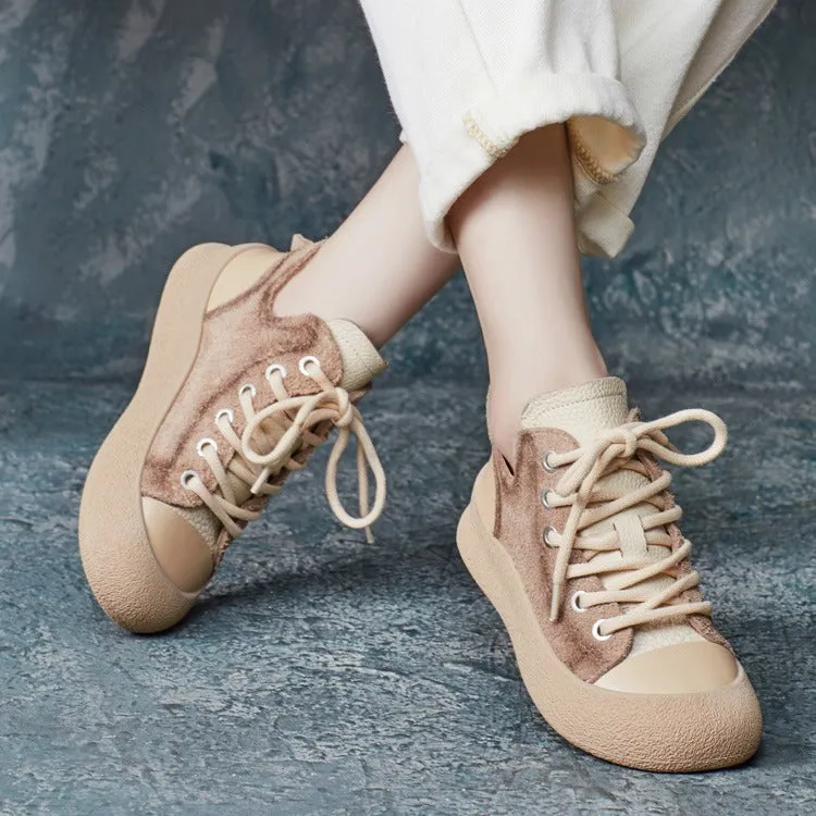 Casual Autumn Lace Up Color Block Leather Shoes