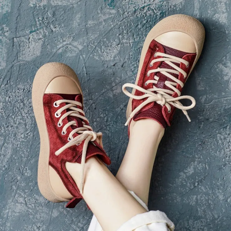 Casual Autumn Lace Up Color Block Leather Shoes