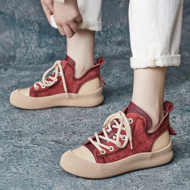 Casual Autumn Lace Up Color Block Leather Shoes