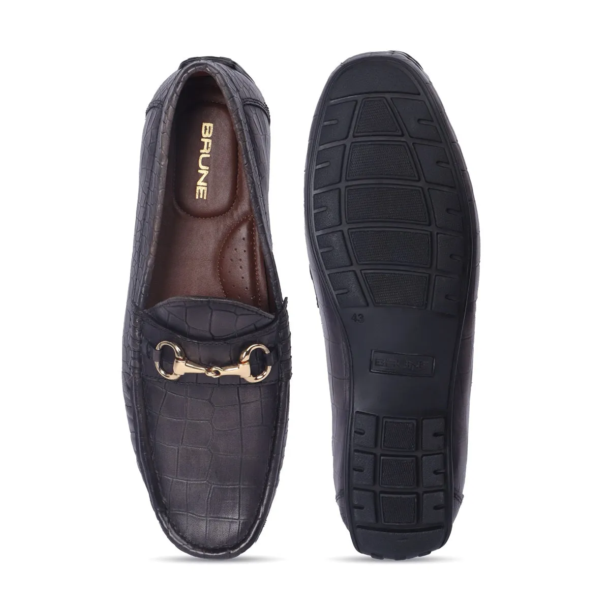 Croco Textured Grey Leather Loafer With Horse-bit Buckle