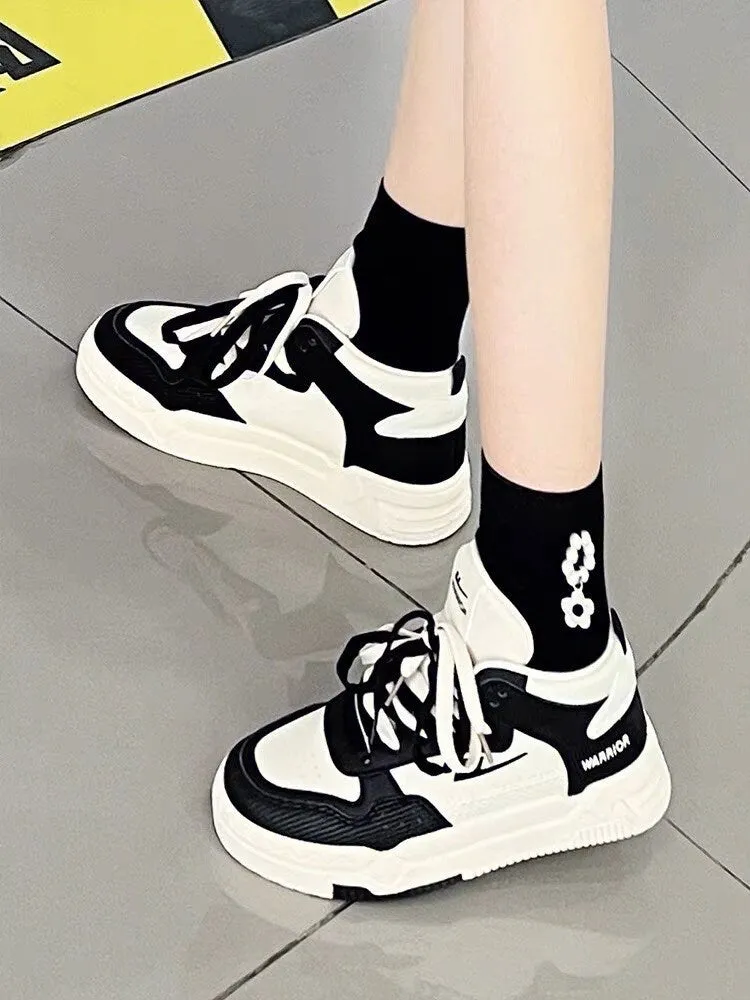 Cute Black White Breathable Round Head Sneakers, Lace Up Tie Shoes for Women, Athletic Sport Running Shoes, Flat Bottom Sneakers