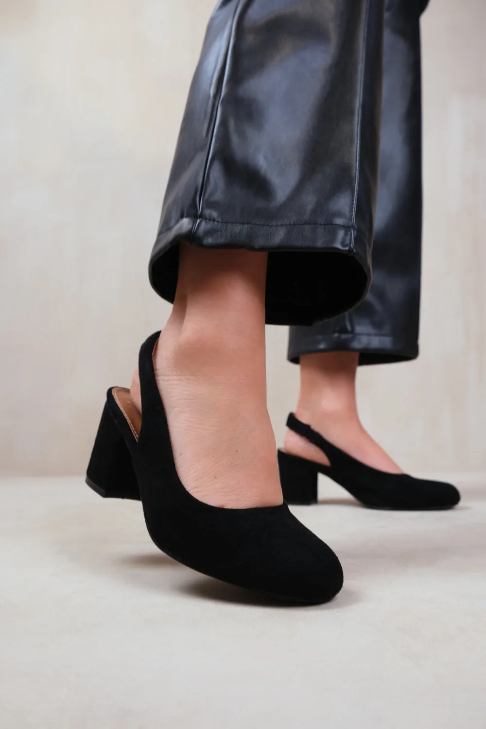 EDITH EXTRA WIDE FIT BLOCK HEEL SLINGBACK SHOES IN BLACK SUEDE