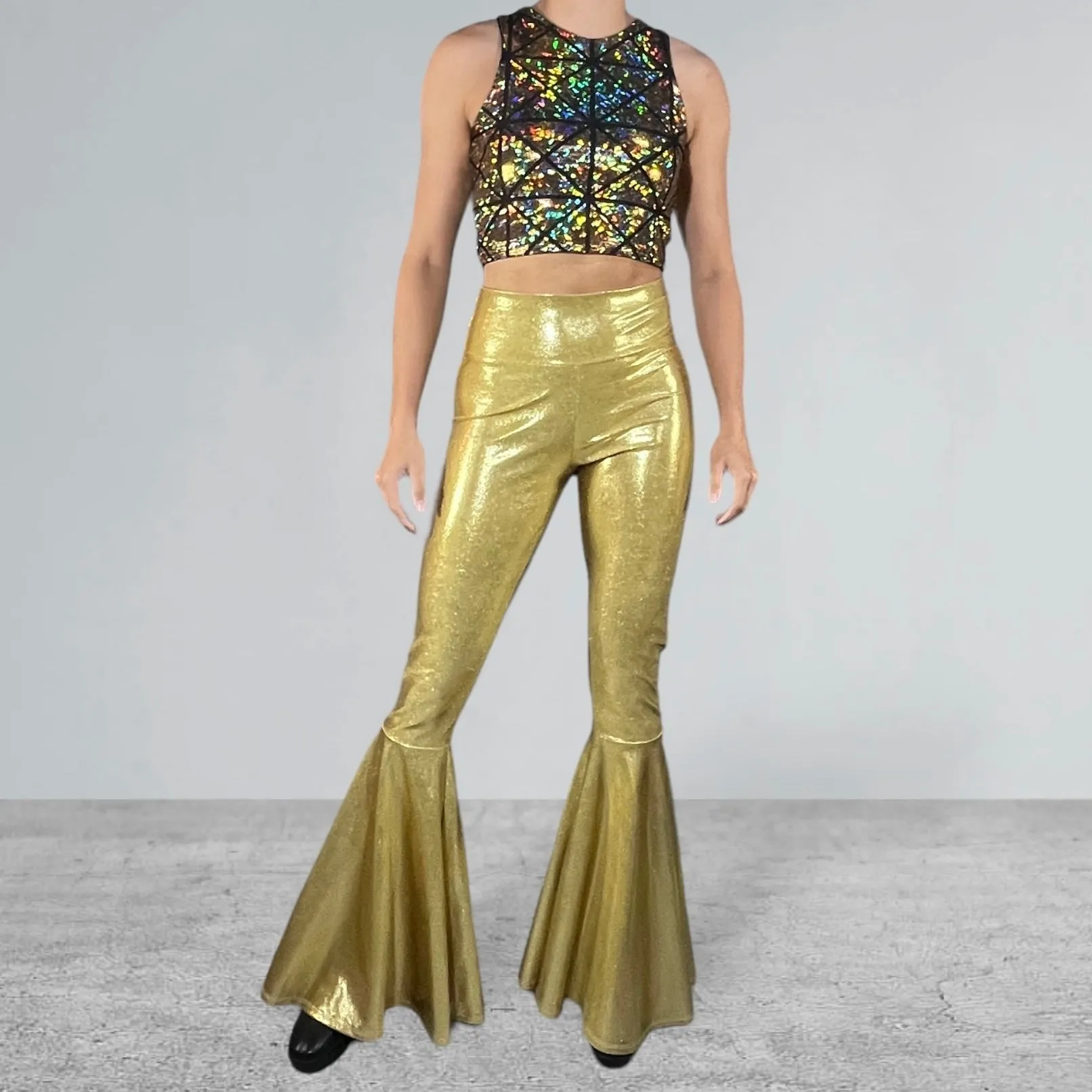 Gold Bell Bottoms | High Waist Flares in Gold Metallic | Disco Pants