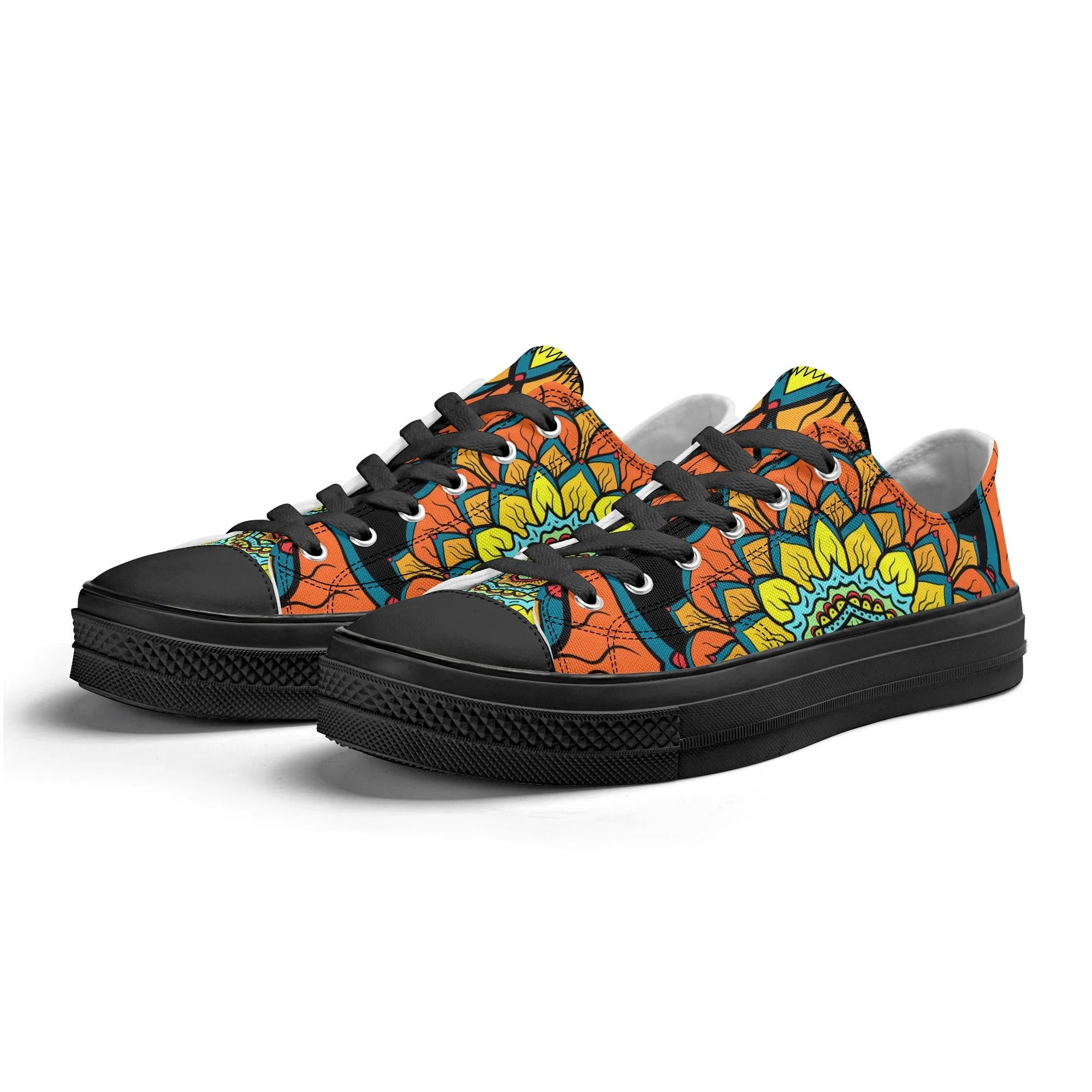 Orange, Yellow and Blue Mandala Pattern - Womens Classic Low Top Canvas Shoes for Footwear Lovers