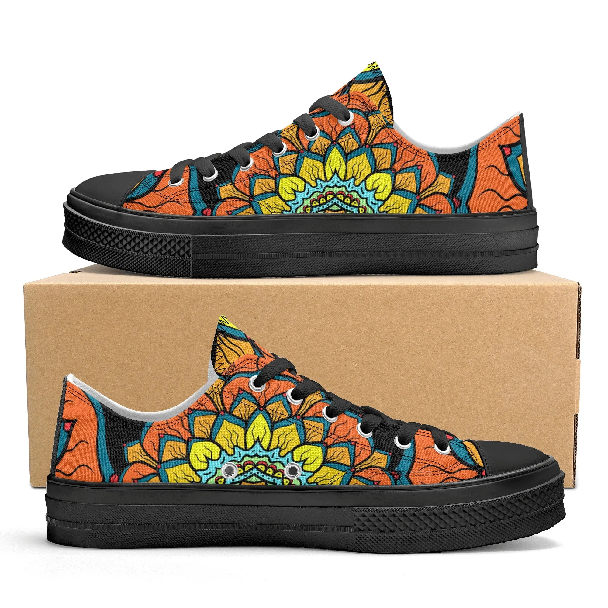 Orange, Yellow and Blue Mandala Pattern - Womens Classic Low Top Canvas Shoes for Footwear Lovers