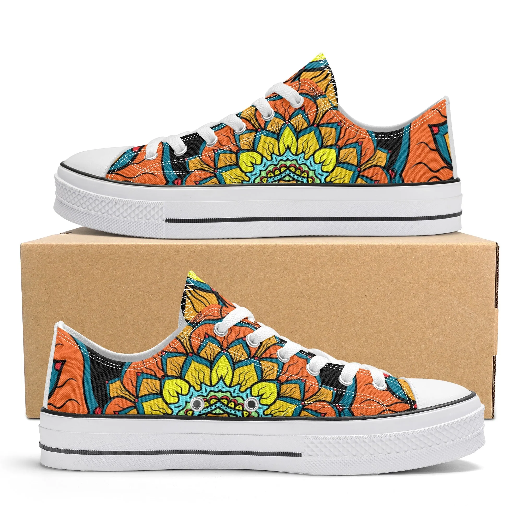 Orange, Yellow and Blue Mandala Pattern - Womens Classic Low Top Canvas Shoes for Footwear Lovers