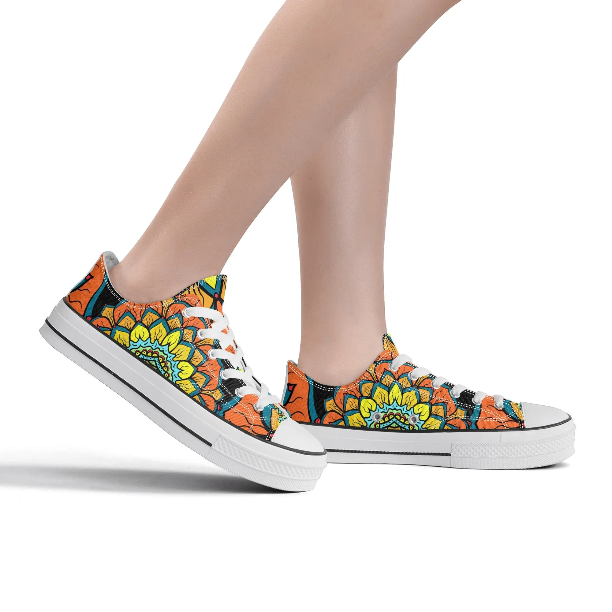 Orange, Yellow and Blue Mandala Pattern - Womens Classic Low Top Canvas Shoes for Footwear Lovers