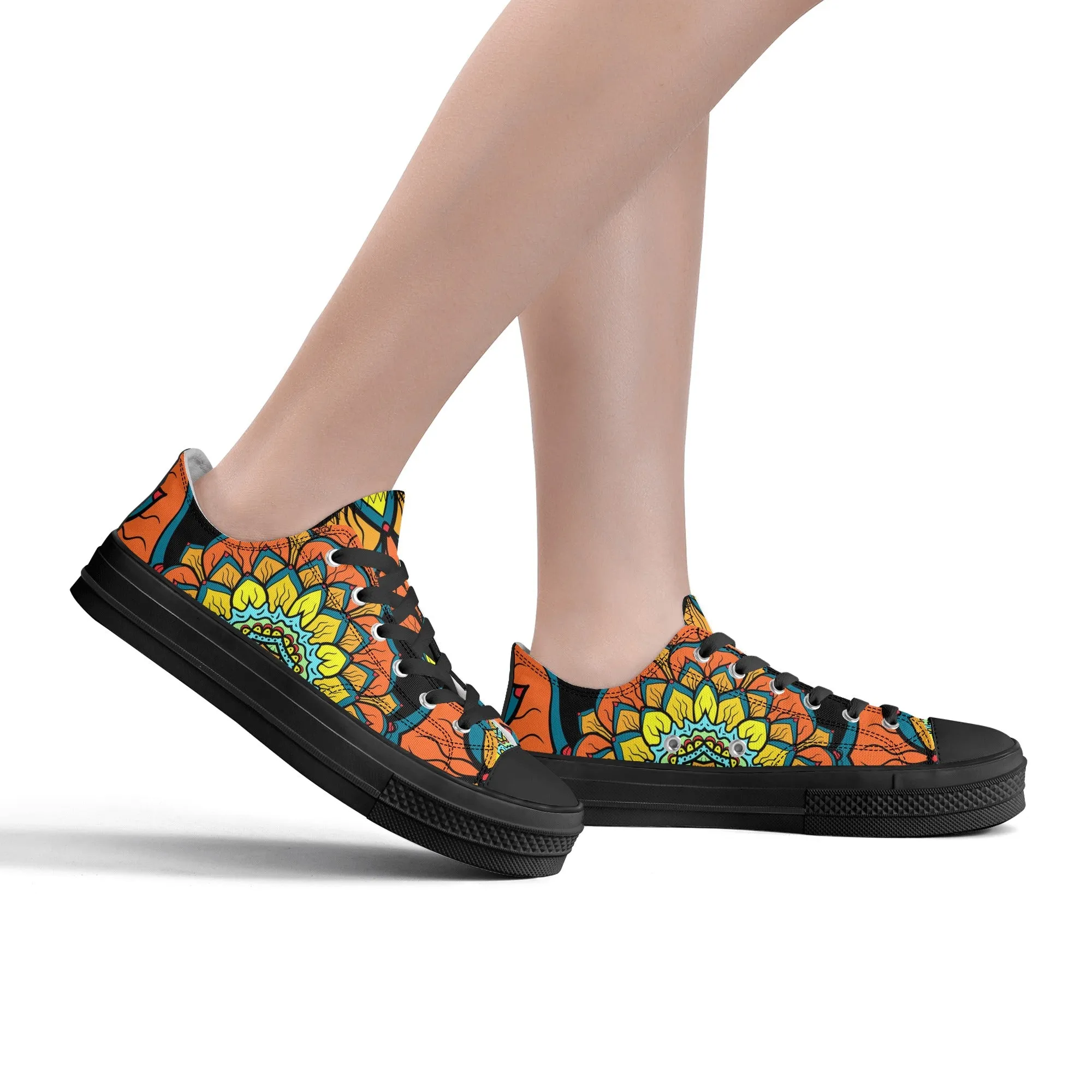 Orange, Yellow and Blue Mandala Pattern - Womens Classic Low Top Canvas Shoes for Footwear Lovers