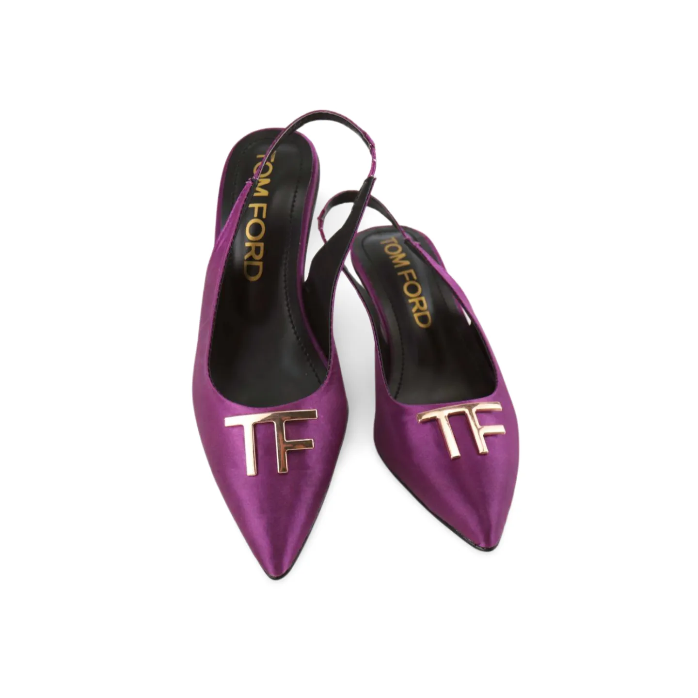 Purple and Green Satin Slingback Heels with Gold T-Logo Buckle