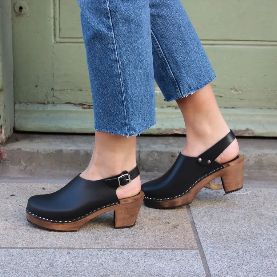 Slingback Clogs in Black on Brown Base