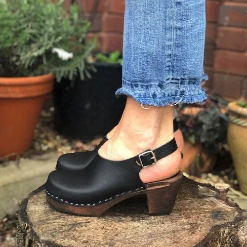 Slingback Clogs in Black on Brown Base